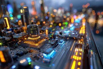 Poster - Vibrant city landscape with glowing circuitry showcasing technological advancements at dusk