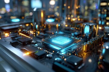 Poster - Technology and innovation represented by a close-up of a modern computer circuit board illuminated at night
