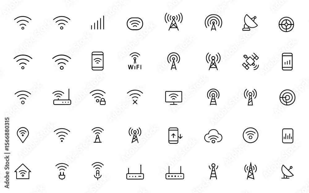 Telecom Rack Symbol Adjustable line weight wireless cellular network icon set: vector ...
