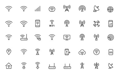 Adjustable line weight wireless cellular network icon set: vector illustration of telecom signal, Wi-Fi, antenna, transmission wave symbols, mobile connectivity, digital broadcast technology