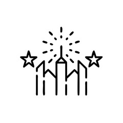 Poster - Handdrawn fireworks over stylized buildings with stars on a vector