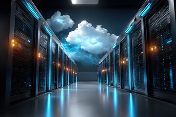 Poster - Servers lined up in a data center with glowing lights and dramatic cloud formations overhead creating a tech-focused atmosphere