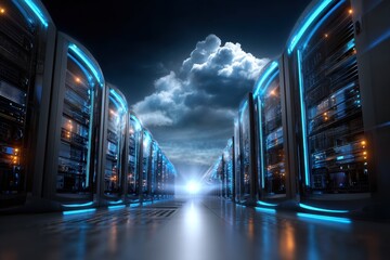 Poster - Futuristic data center with illuminated servers under a dramatic sky at dusk