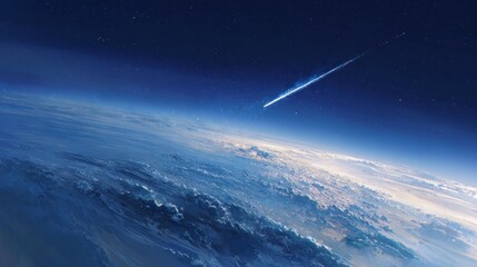 meteor streaking across the night sky above earth in outer space