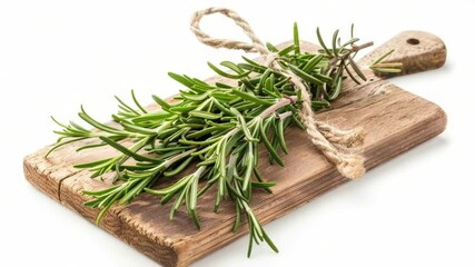Poster - Fresh rosemary sprigs on a wooden cutting board, perfect for cooking and decorating