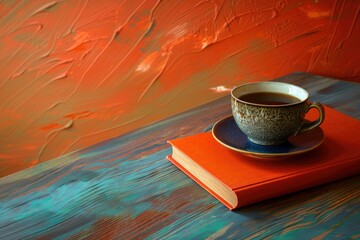 Fototapete - Vibrant Picture of Hot Coffee and Book on Wooden Table with Color Background,Concept