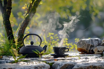Fototapete - High Resolution Image of Steaming Tea Pot and Cup in Nature