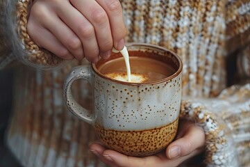 Fototapete - Detailed Color Picture of Woman Adding Milk in Mug with Cocoa