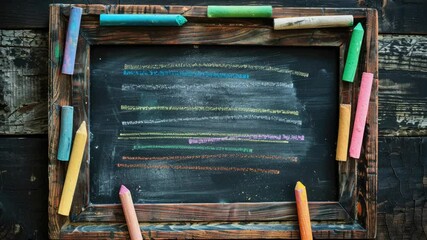 Poster - A traditional school blackboard with chalk and colorful crayons, suitable for education or creative projects