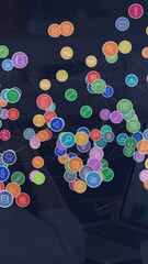 Poster - Animation of network of connections with icons over businesswoman in office