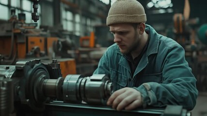 Poster - In a cozy industrial workshop, a skilled male engineer and metalworker diligently adjusts machinery, surrounded by tools and equipment. Soft light highlights his craftsmanship and expertise.