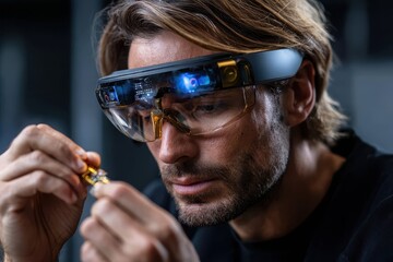 Poster - Innovative technology in action with a man using augmented reality glasses for intricate assembly work indoors