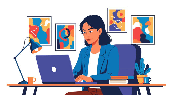 Focused woman working on laptop with abstract art and desk lamp.
