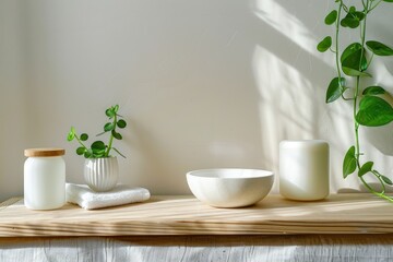 Fototapete - Premium Quality Picture of a Collection of White and Brown Objects with a Green Plant on the Table