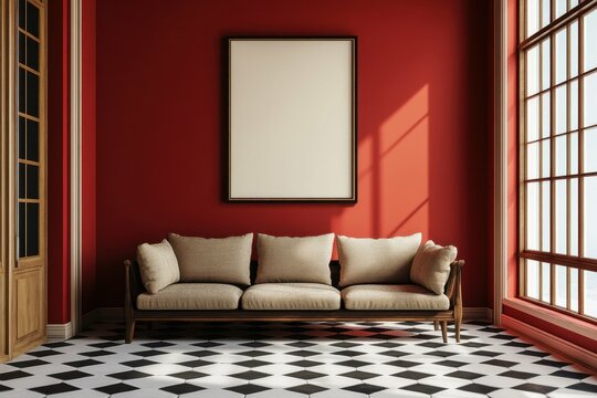 clear pixel visual of Mock up poster in the interior of the art room with a red wall and sofa. Black and white tile on floor. 3d rendering high detail