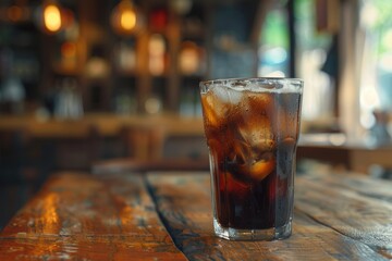 Fototapete - Detailed Color Image of the Ice Coffee Glass on the Wooden Table in Cafe