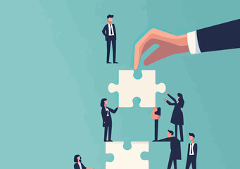 Poster - Business team collaboration teamwork concept with giant hand placing final puzzle piece connecting professional colleagues in formal suits flat vector illustration