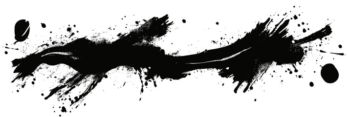 Poster - Horizontal black ink brush strokes with splatter drops and paint splashes isolated on white background abstract artistic vector design element for decorative use in minimalist style