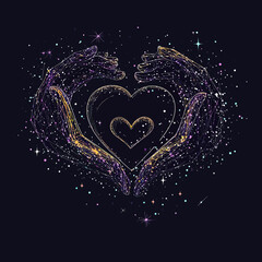 Poster - Abstract cosmic hands forming glowing heart shapes with starry space points and constellation style lines on dark background vector illustration