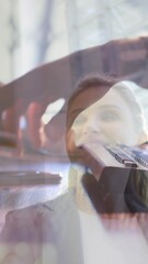 Poster - Animation of hands of caucasian man using computer over happy caucasian businesswoman
