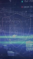 Poster - Security padlock shield icon over network of connections against stock market data processing