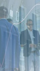 Poster - Animation of financial graphs over back view of caucasian businessman walking in office