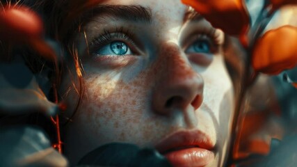 Poster - Close-up portrait of a woman with distinctive freckles on her face