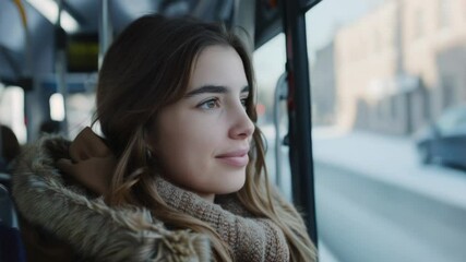 Poster - A person sitting on a bus staring out the window, possibly lost in thought