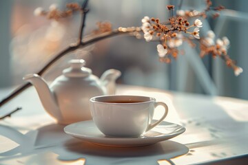 Fototapete - High Detail Visual of a Cup of Coffee Sits on a Plate Next to a Cup of Coffee