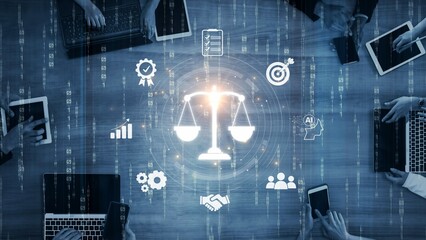 Poster - Futuristic digital law interface displaying justice scale, highlighting digital law, AI compliance, digital law systems, and digital law regulations for secure governance. Muxer