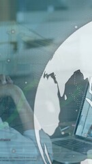Poster - Animation of graphs, globe and data over woman having video call on laptop