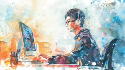 Poster - A man typing away on his laptop in a cozy setting, suitable for use as an illustration for articles about remote work or office scenes