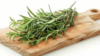 Poster - A bundle of fresh rosemary herbs placed on a wooden cutting board