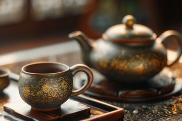 Fototapete - High Definition View of Closeup Beautiful Chinese Tea Set