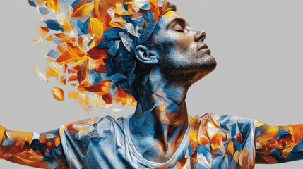 Wall Mural - man with a colorful head and face is painted on a white background. the painting is abstract and has