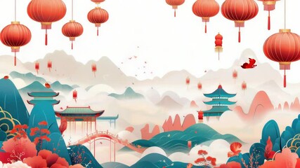 Poster - A serene mountain landscape with multiple red lanterns scattered throughout