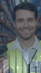 Poster - Animation of statistics and financial data processing over man and woman working in warehouse