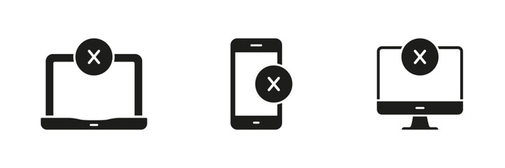 Fototapete - Device Error, Connectivity Issues, System Failure Silhouette Icon Collection. Laptop, Smartphone, Desktop With Error Symbol Solid Symbol Set. Technology Troubleshooting. Isolated Vector Illustration