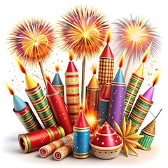 Poster - A colorful collection of fireworks and rockets is isolated on white background