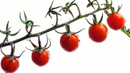 Poster - A bunch of ripe cherry tomatoes hanging from a tree branch, ideal for use in food or lifestyle imagery