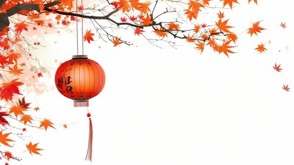 Poster - A red lantern hangs from a tree branch surrounded by vibrant red leaves