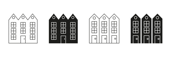 Fototapete - Row Of Townhouses Line And Solid Icon Set. Urban Housing, Real Estate, And Residential Architecture Symbol Collection. Modern City Living And Property Development. Isolated Vector Illustration