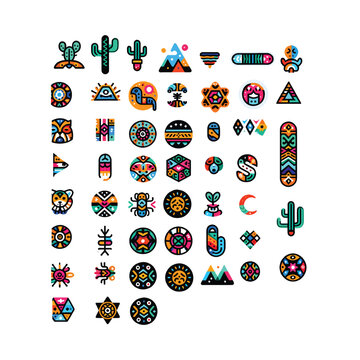 Collection of Colorful Mexican and Aztec Themed Icons