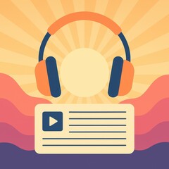 Poster - Digital music concept with headphones, sunburst background, audio player, and vibrant waves