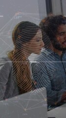 Poster - Animation of fingerprint scanner over diverse colleagues using laptop and discussing at office