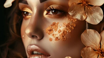 Poster - A close-up shot of a woman's face with flowers attached, suitable for use in beauty or fashion contexts