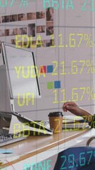 Poster - Animation of stock market data processing over female graphic designer using graphic tablet