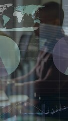 Poster - Animation of infographic interface over multiracial coworkers working on desktops at office