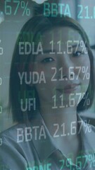 Poster - Animation of financial data processing over businesswoman working in office