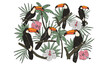 Enjoy summer day. Toucan paradise artwork. Tropical bird with palm tree graphic print design. Enjoy beach life. Summer vibes artwork.